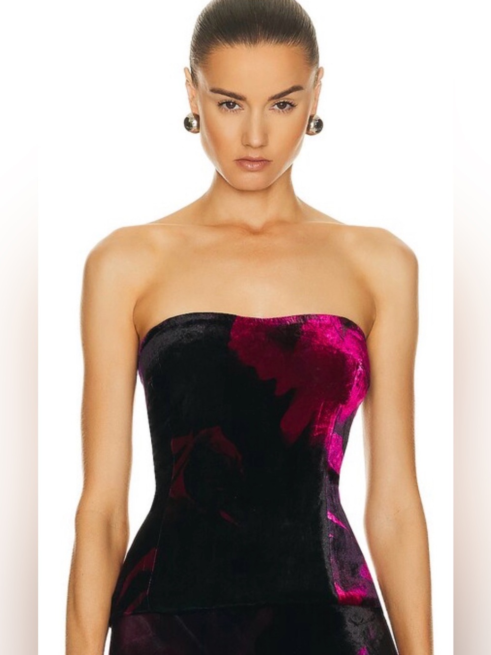 Retrofete Strapless Velvet Strapless Top in Black and Magenta